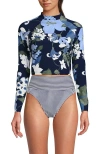 Lands' End Long Sleeve Mock Neck Cropped Upf 50 Sun Protection Rash Guard In Deep Sea Navy Lilies