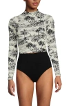 Lands' End Long Sleeve Mock Neck Cropped Upf 50 Sun Protection Rash Guard In Egret White Tropical Scene