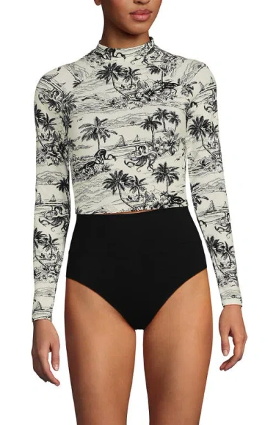 Lands' End Long Sleeve Mock Neck Cropped Upf 50 Sun Protection Rash Guard In Egret White Tropical Scene