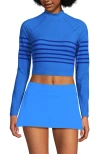 Lands' End Long Sleeve Mock Neck Cropped Upf 50 Sun Protection Rash Guard In Freshwater Blue Placed Stripe