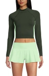 Lands' End Long Sleeve Mock Neck Cropped Upf 50 Sun Protection Rash Guard In Olive Green/icy Mint