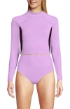 Lands' End Long Sleeve Mock Neck Cropped Upf 50 Sun Protection Rash Guard In Wild Lilac/dark Wine