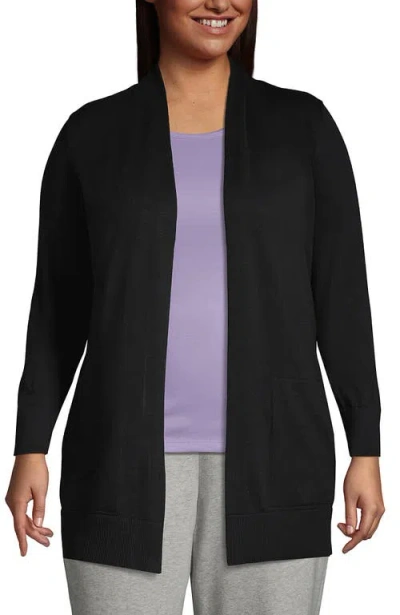 Lands' End Plus Size Long Sleeve Open Long Cardigan Sweater In Black