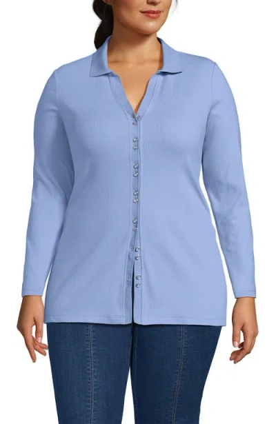 Lands' End Long Sleeve Polished Rib Button Through Tunic Shirt In Blue