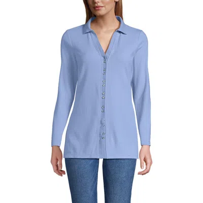 Lands' End Long Sleeve Polished Rib Button Through Tunic Shirt In Blue