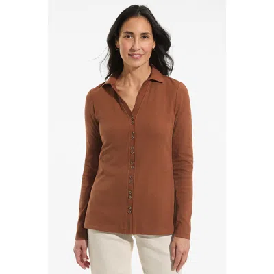 Lands' End Long Sleeve Polished Rib Button Through Tunic Shirt In Brown