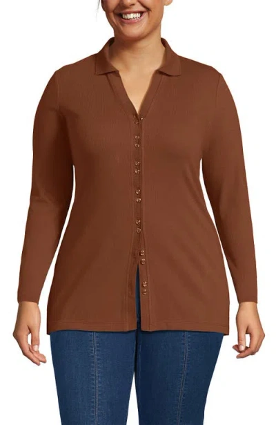 Lands' End Long Sleeve Polished Rib Button Through Tunic Shirt In Brown