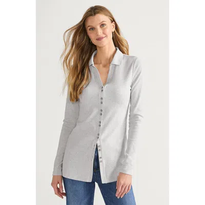 Lands' End Long Sleeve Polished Rib Button Through Tunic Shirt In Soft Light Gray Heather