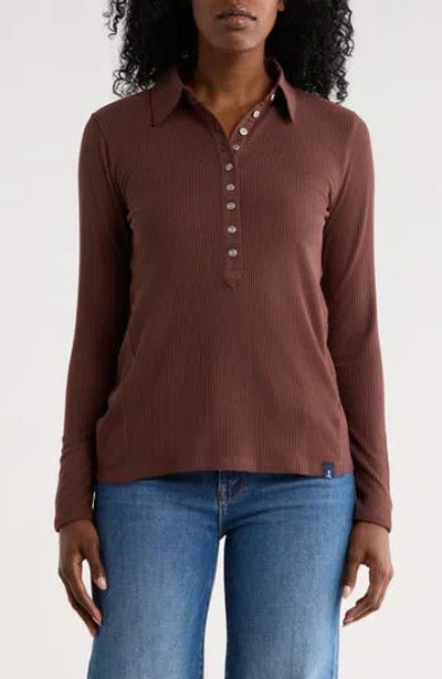 Lands' End Long Sleeve Ribbed Polo In Shaved Chocolate