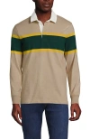 Lands' End Long Sleeve Rugby Shirt In Almond/evergreen Rugby Stripe