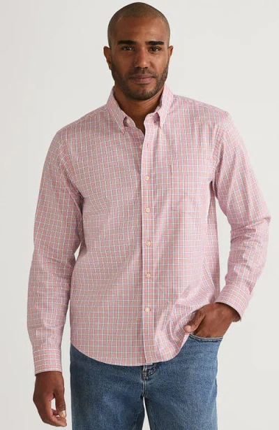 Lands' End Long Sleeve Tailored Fit Travel Kit Shirt In Crisp Peach/cobalt Plaid