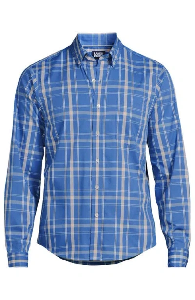 Lands' End Long Sleeve Tailored Fit Travel Kit Shirt In Mariner Blue/pale Almond Plaid