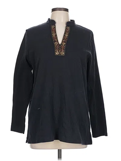 Pre-owned Lands' End Long Sleeve Top Black Collared Neckline Tops