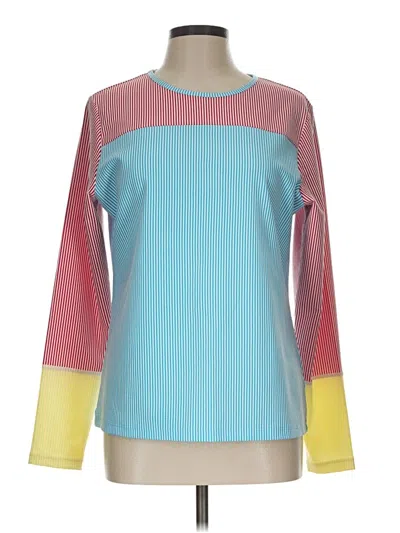 Pre-owned Lands' End Long Sleeve Top Blue Color Block Pattern Boatneck Tops