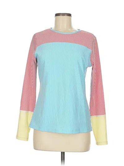 Pre-owned Lands' End Long Sleeve Top Teal Color Block Pattern Crew Neck Tops In Blue