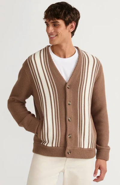 Lands' End Long Sleeve Vertical Stripe Cotton Blend Cardigan In Warm Tawny Brown