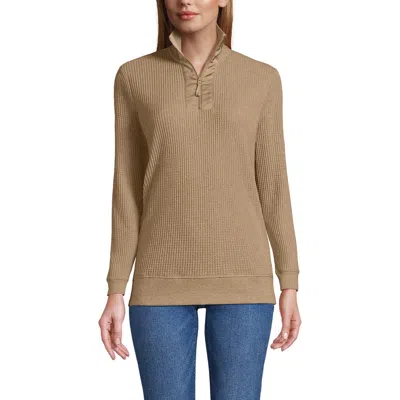 Lands' End Long Sleeve Waffle Quarter Zip Pullover In Brown