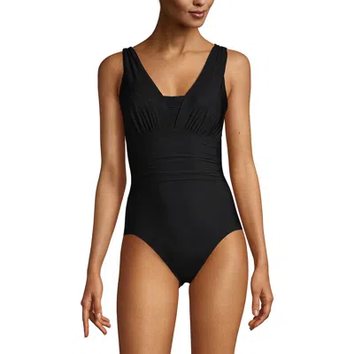 Lands' End Long Slendersuit Mesh Grecian Tummy Control Chlorine Resistant One Piece Swimsuit In Black