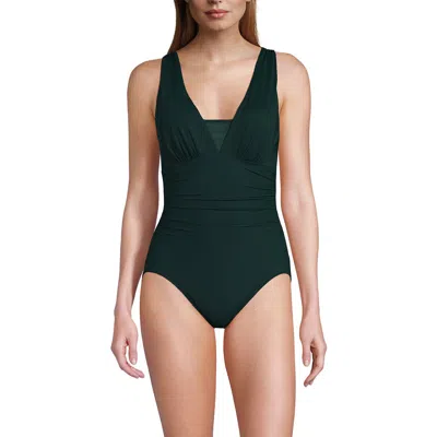 Lands' End Long Slendersuit Mesh Grecian Tummy Control Chlorine Resistant One Piece Swimsuit In Deep Balsam