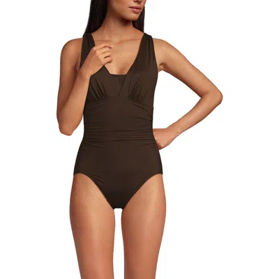 Lands' End Long Slendersuit Mesh Grecian Tummy Control Chlorine Resistant One Piece Swimsuit In Rich Coffee