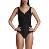 Lands' End Long Torso Slendersuit Tummy Control V-neck Wrap One Piece Swimsuit In Black