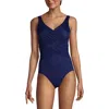 Lands' End Long Slender Tummy Control Chlorine Resistant V-neck Wrap One Piece Swimsuit In Deep Sea Navy