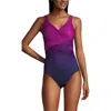 Lands' End Long Torso Slendersuit Tummy Control V-neck Wrap One Piece Swimsuit In Violet Rose/navy Ombre