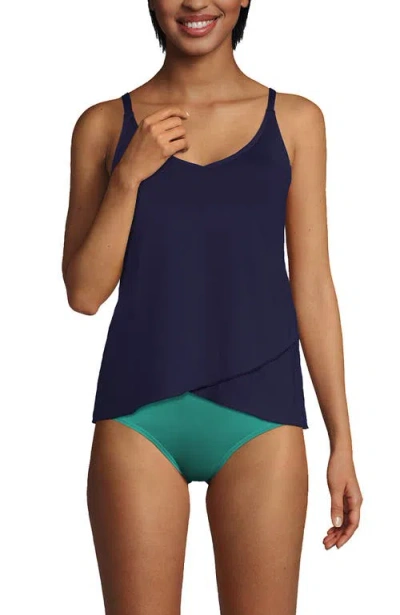 Lands' End Long Torso Chlorine Resistant V-neck Tulip Hem Tankini Swimsuit Top With Adjustable Strap In Deep Sea Navy