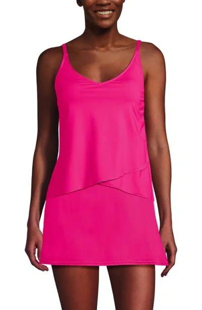 Lands' End Long Torso Torso V-neck Tulip Hem Tankini Swimsuit Top In Prism Pink