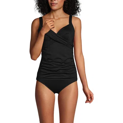 Lands' End Long Torso V-neck Wrap Underwire Tankini Swimsuit Top In Black