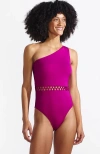 Lands' End Macrame One Shoulder High Leg One Piece Swimsuit In Crimson Rose
