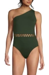 Lands' End Macrame One Shoulder High Leg One Piece Swimsuit In Rich Olive Green