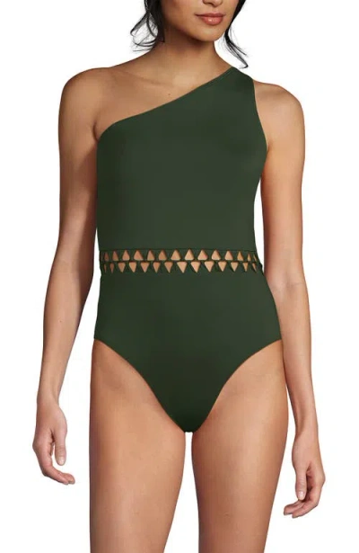 Lands' End Macrame One Shoulder High Leg One Piece Swimsuit In Rich Olive Green
