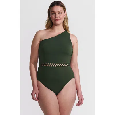 Lands' End Macrame One Shoulder High Leg One Piece Swimsuit In Rich Olive Green