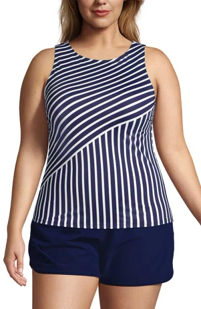 Lands' End Plus Size Dd-cup Chlorine Resistant Square Neck Underwire Tankini Top Swimsuit Adjustable In Deep Sea Mixed Diagonal Stripe