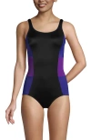 Lands' End Mastectomy Chlorine Resistant Tugless One Piece Swimsuit Soft Cup In Black/purple Grape