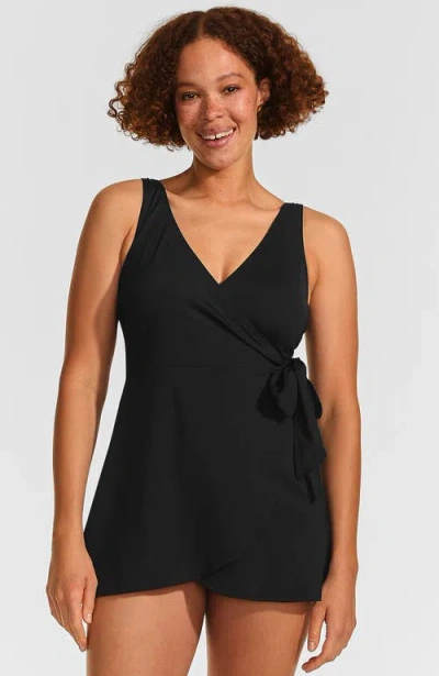 Lands' End Mastectomy Long Side Tie Mini Swim Dress Swimsuit In Black