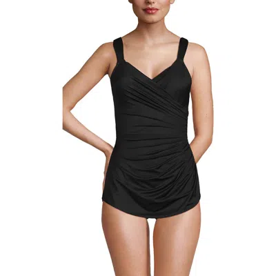 Lands' End Mastectomy Slender V-neck Tummy Control Chlorine Resistant Skirted One Piece Swimsuit In Black