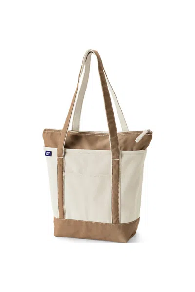 Lands' End Medium 5 Pocket Zip Top Long Handle Canvas Tote Bag In Brown