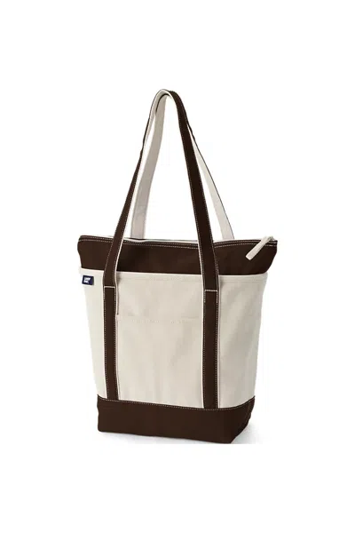 Lands' End Medium 5 Pocket Zip Top Long Handle Canvas Tote Bag In Brown