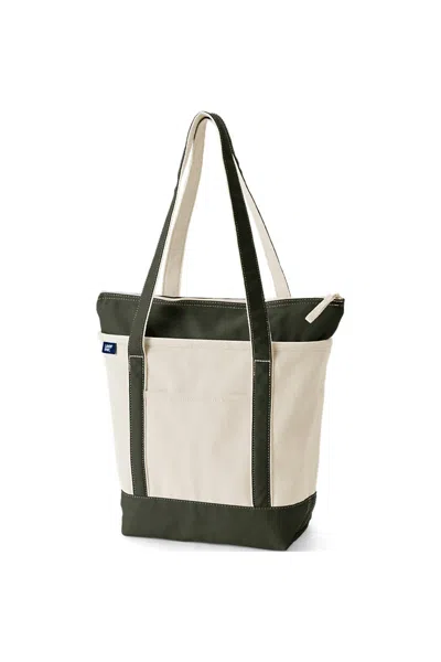 Lands' End Medium 5 Pocket Zip Top Long Handle Canvas Tote Bag In White