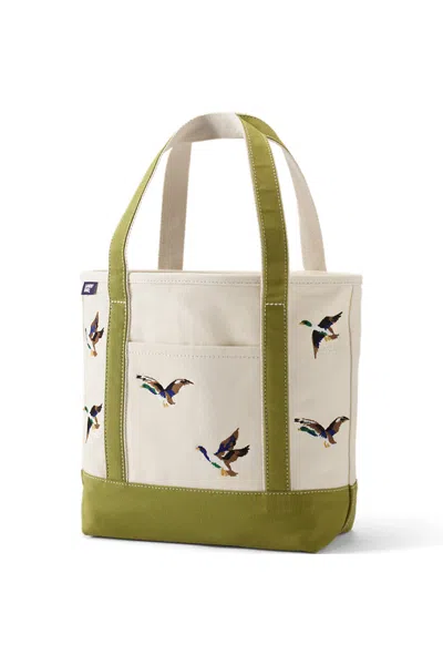 Lands' End Medium Embroidered 5 Pocket Open Top Canvas Tote Bag In Green