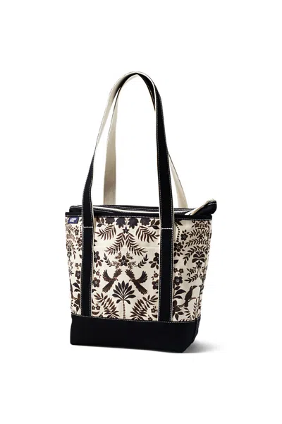 Lands' End Medium Print 5 Pocket Zip Top Long Handle Canvas Tote Bag In Black