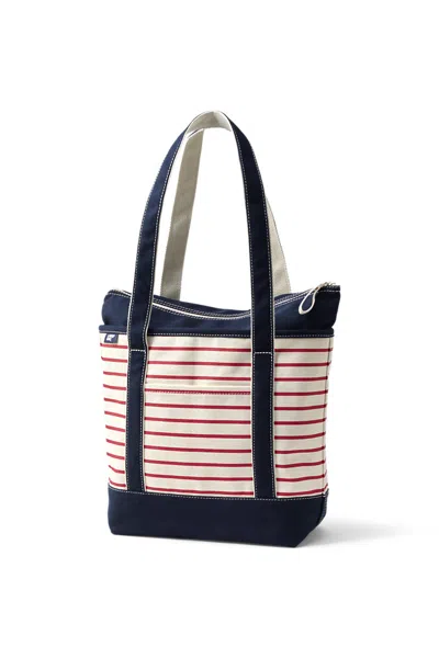 Lands' End Medium Print 5 Pocket Zip Top Long Handle Canvas Tote Bag In White