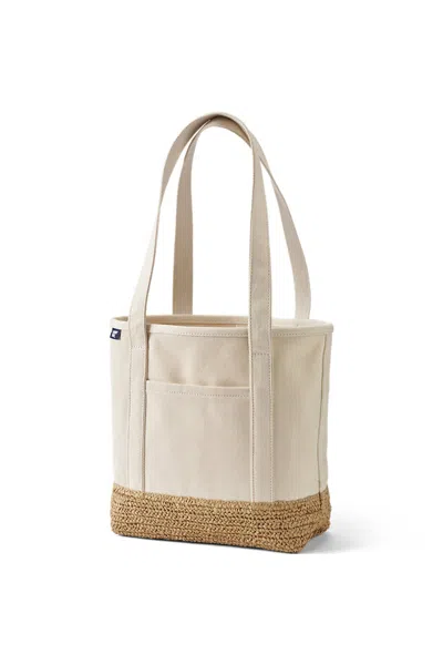 Lands' End Medium Raffia Open Top Long Handle Canvas Tote Bag In White