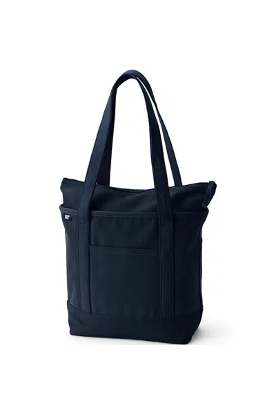 Lands' End Medium Solid Color 5 Pocket Zip Top Long Handle Canvas Tote Bag In Blue