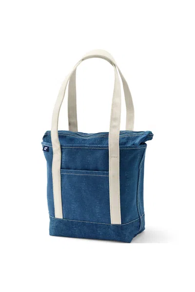 Lands' End Medium Solid Color 5 Pocket Zip Top Long Handle Canvas Tote Bag In Blue