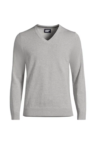 Lands' End Men's Big And Tall Fine Gauge Cotton V Neck Sweater In Gray