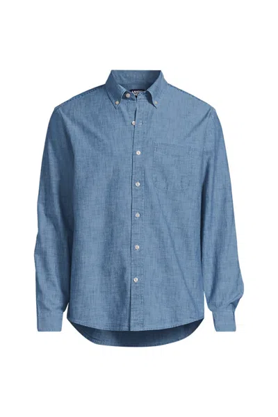 Lands' End Men's Big Long Sleeve Chambray Shirt In Blue