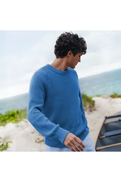 Lands' End Men's Cotton Drifter Saddle Crewneck Shaker Sweater In Blue